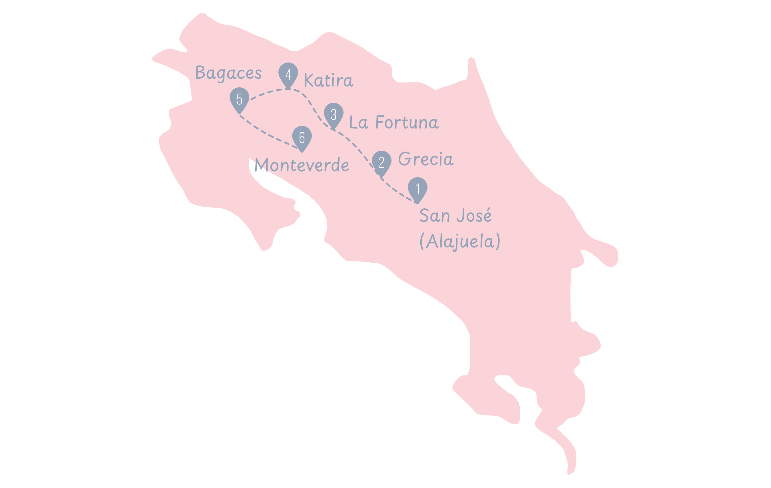 Carte dessinée du Costa Rica, d'Alajuela à Monteverde