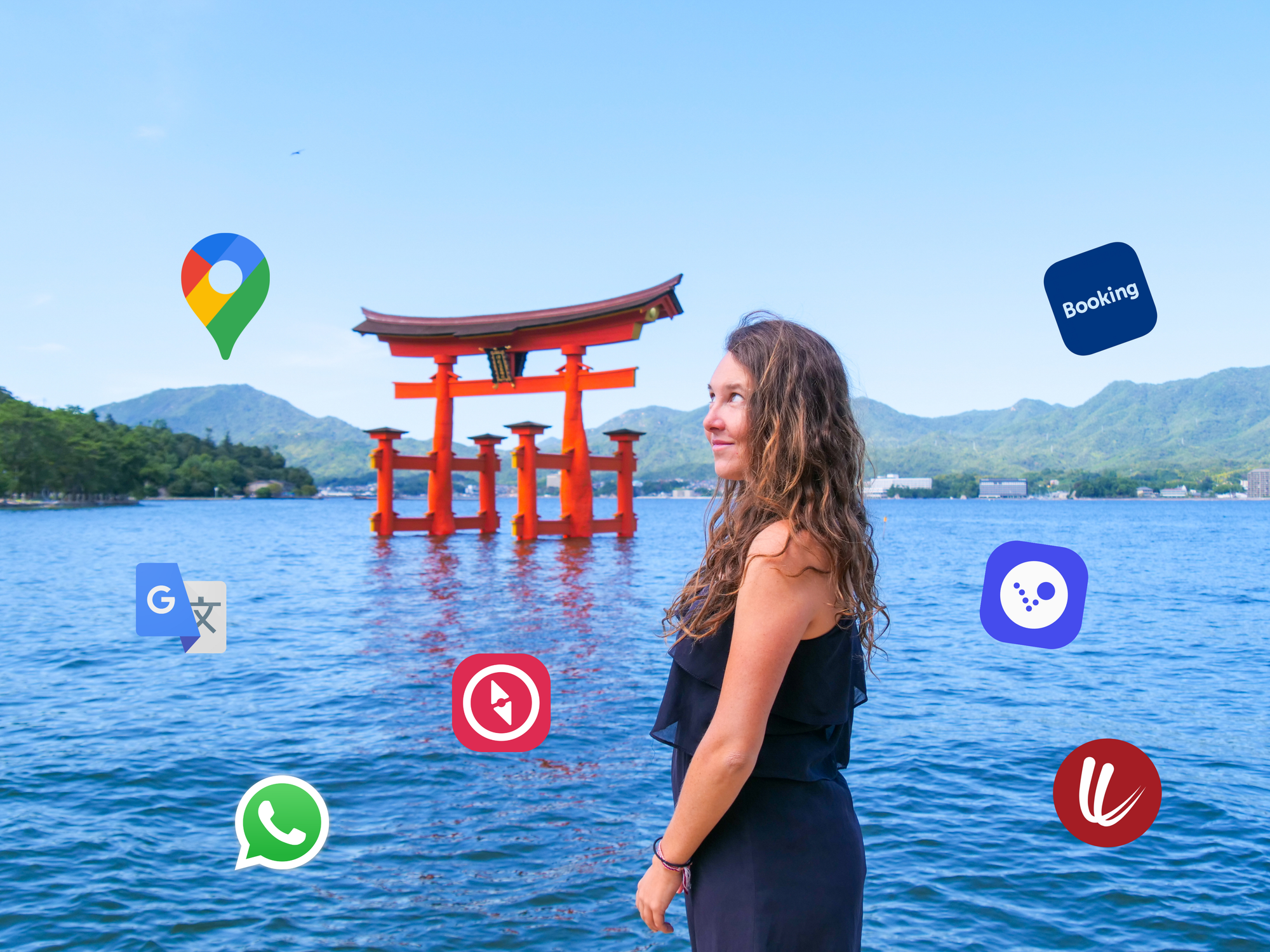 Jeune fille devant une porte d'un temple japonais sur l'eau, avec des logos d'application autour