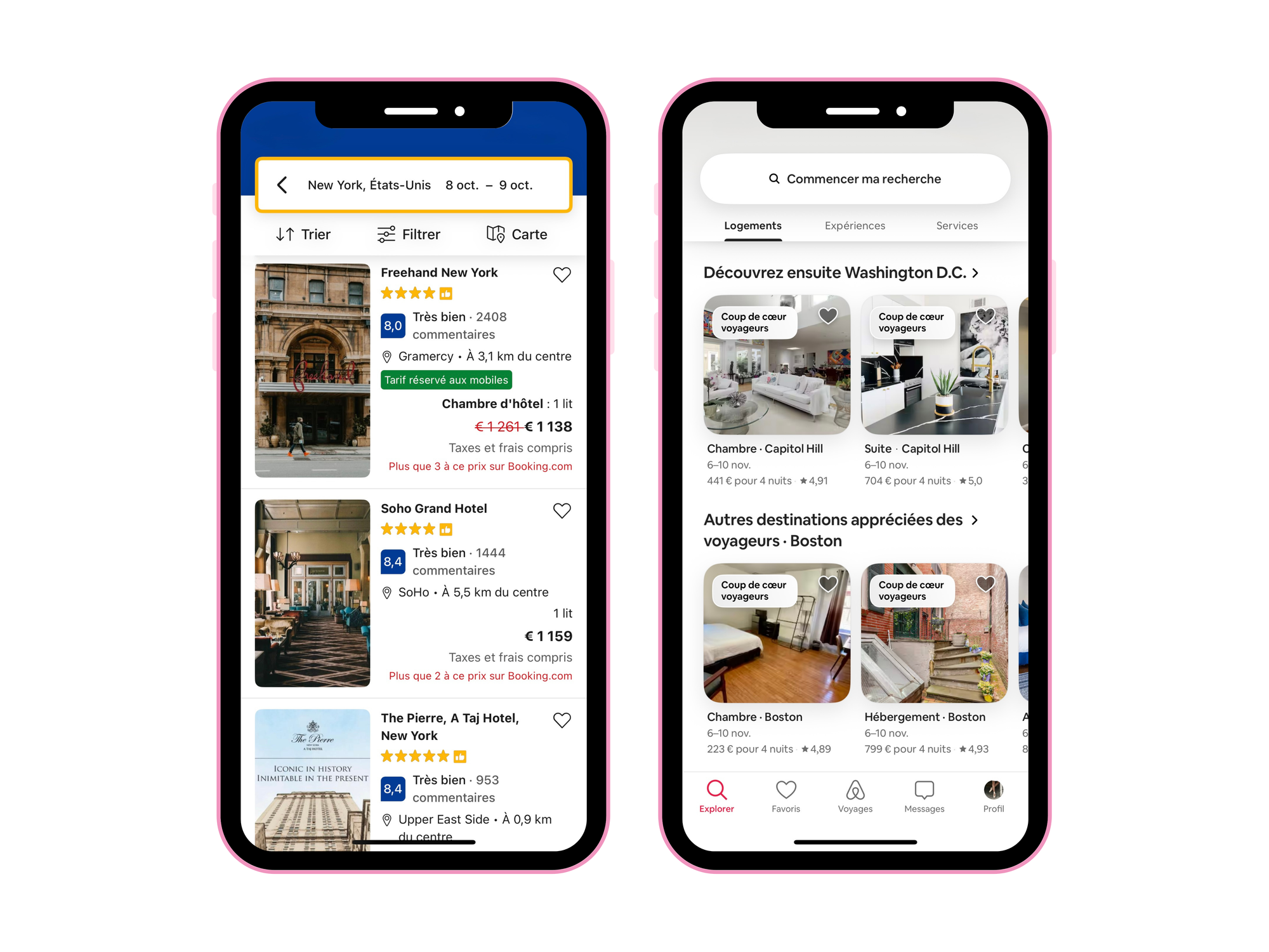 Captures d'écran des interfaces de Booking et Airbnb