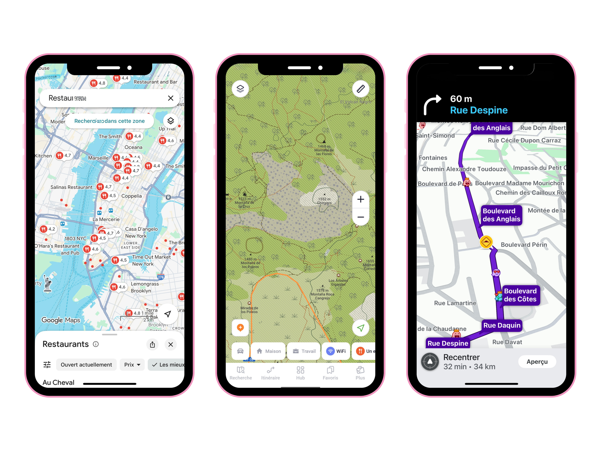 Captures d'écran des interfaces de Google Maps, Maps.me et Waze