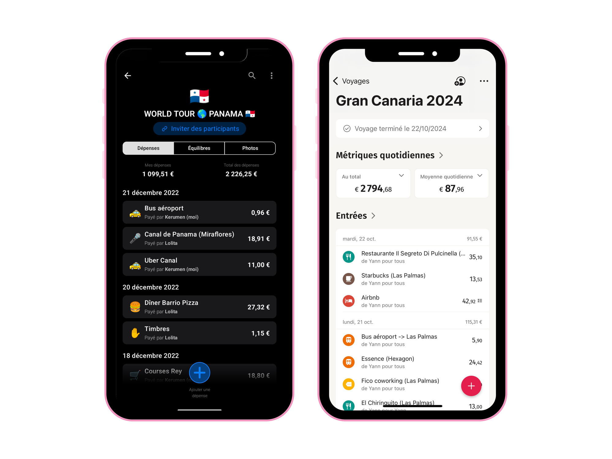 Captures d'écran des interfaces de Tricount et TravelSpend
