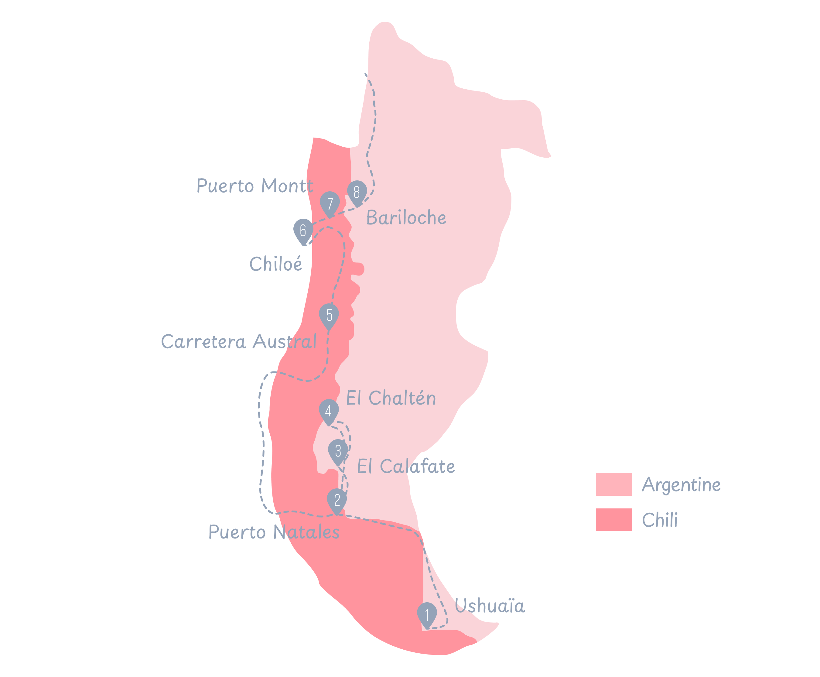Carte dessinée de la Patagonie et de notre itinéraire
